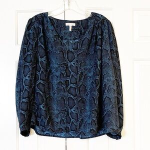 Rebecca Taylor 100% silk reptile, snakeskin print blue black long sleeve blouse